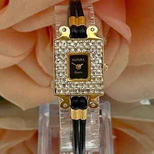 Vintage Unique Futura Pave Rhinestone Bezel West German 4 Jewel Dress Watch